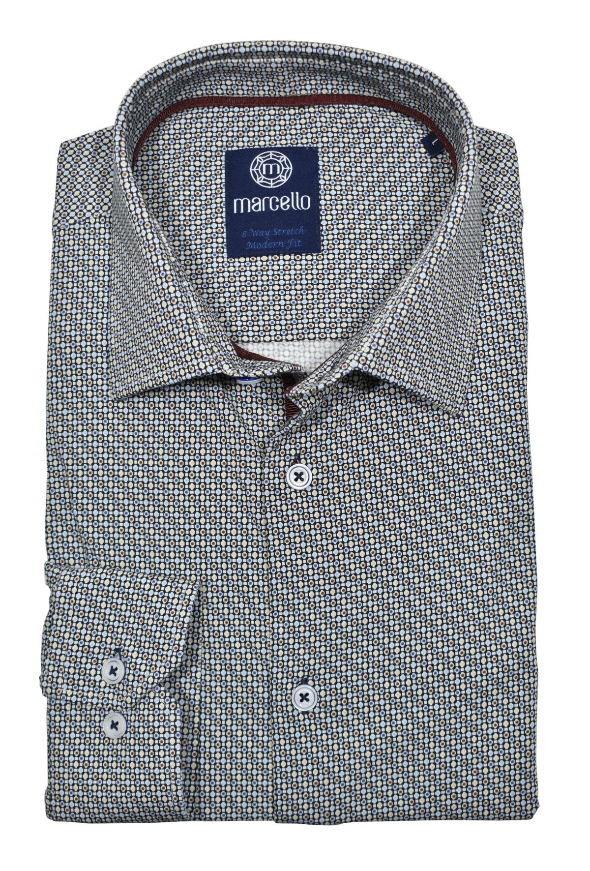 Experience ultimate comfort with Marcello's 8 Way Stretch Jeweled Neat shirt. Made with 92% cotton and 8% elastin, the soft and breathable fabric moves with your body for all-day comfort.