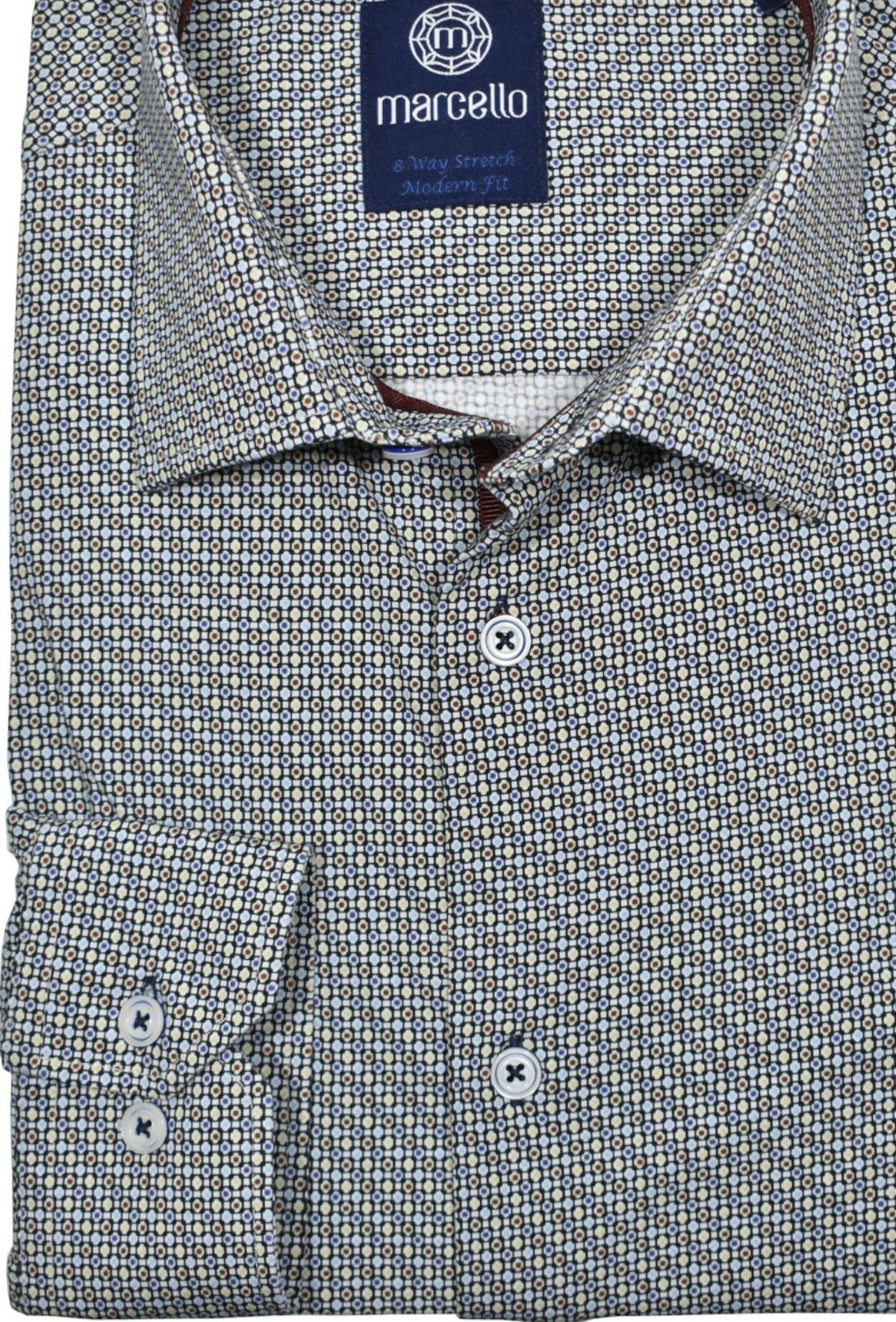 Experience ultimate comfort with Marcello's 8 Way Stretch Jeweled Neat shirt. Made with 92% cotton and 8% elastin, the soft and breathable fabric moves with your body for all-day comfort.