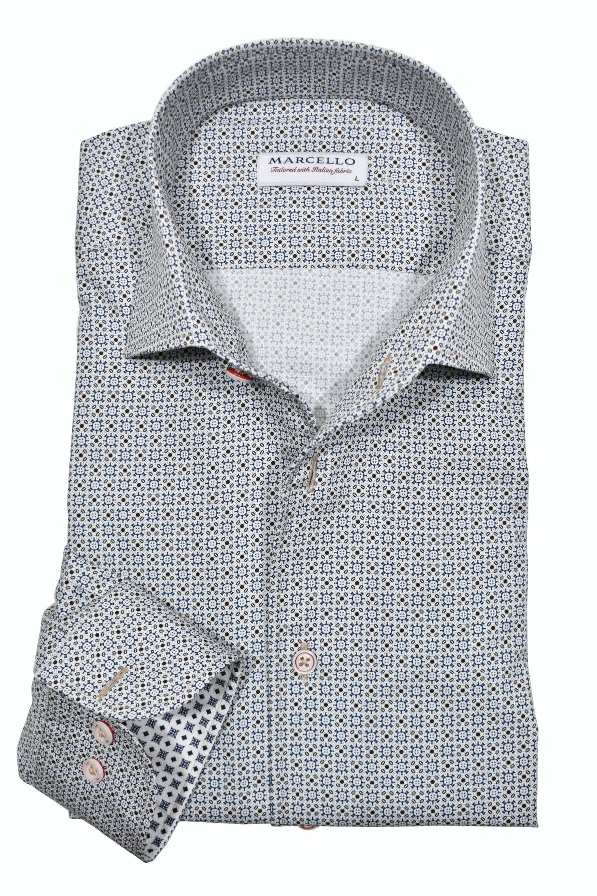 Elevate your wardrobe with the elegant Aspen Classic Roll Collar sport shirt. Featuring an exclusive Marcello one piece roll collar, this soft off-white shirt boasts a rich geometric medallion pattern in warm fall colors. The perfect addition to any outfit, pair it with any bottoms for a chic and stylish look.