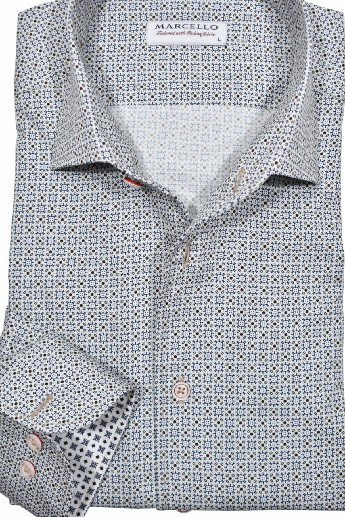 Elevate your wardrobe with the elegant Aspen Classic Roll Collar sport shirt. Featuring an exclusive Marcello one piece roll collar, this soft off-white shirt boasts a rich geometric medallion pattern in warm fall colors. The perfect addition to any outfit, pair it with any bottoms for a chic and stylish look.