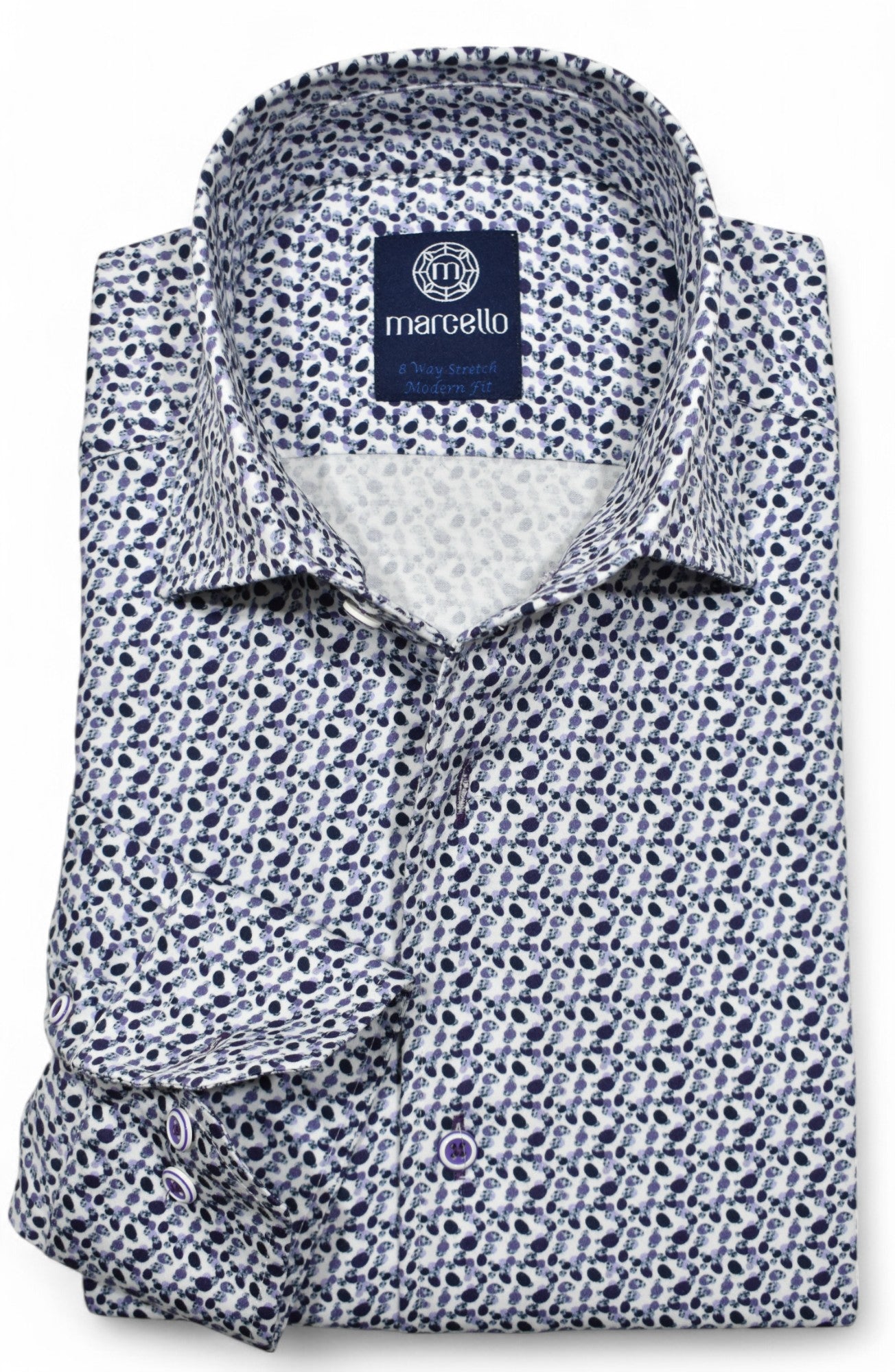A classic abstract navy and medium blue pattern, on a rich white ground fabric, that is cotton rich with a hint of stretch for increased comfort. Stretch shirt by Marcello.