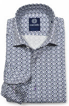 A classic abstract navy and medium blue pattern, on a rich white ground fabric, that is cotton rich with a hint of stretch for increased comfort. Stretch shirt by Marcello.