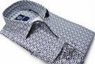 A classic abstract navy and medium blue pattern, on a rich white ground fabric, that is cotton rich with a hint of stretch for increased comfort. Stretch shirt by Marcello.