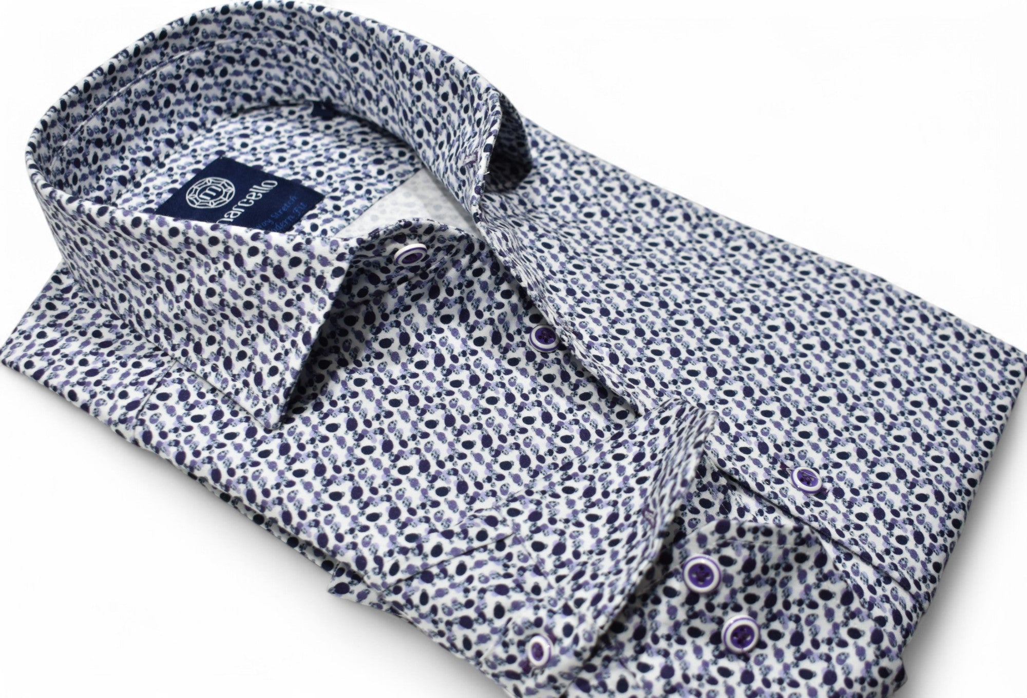 A classic abstract navy and medium blue pattern, on a rich white ground fabric, that is cotton rich with a hint of stretch for increased comfort. Stretch shirt by Marcello.