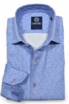 This finely printed pattern of medium blue colors with red accents is imagined on a cotton shirt with a hint of stretch for enhanced comfort. Stretch shirt by Marcello.