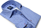 This finely printed pattern of medium blue colors with red accents is imagined on a cotton shirt with a hint of stretch for enhanced comfort. Stretch shirt by Marcello.