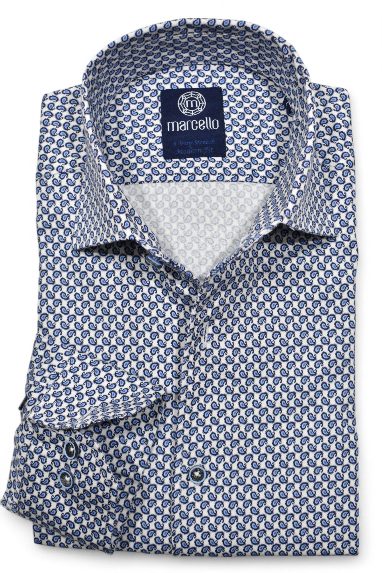 Crisp small paisley in shades of blue on comfortable stretch cotton fabric. Stretch shirt by Marcello.
