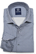 Crisp small paisley in shades of blue on comfortable stretch cotton fabric. Stretch shirt by Marcello.