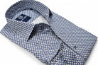 Crisp small paisley in shades of blue on comfortable stretch cotton fabric. Stretch shirt by Marcello.