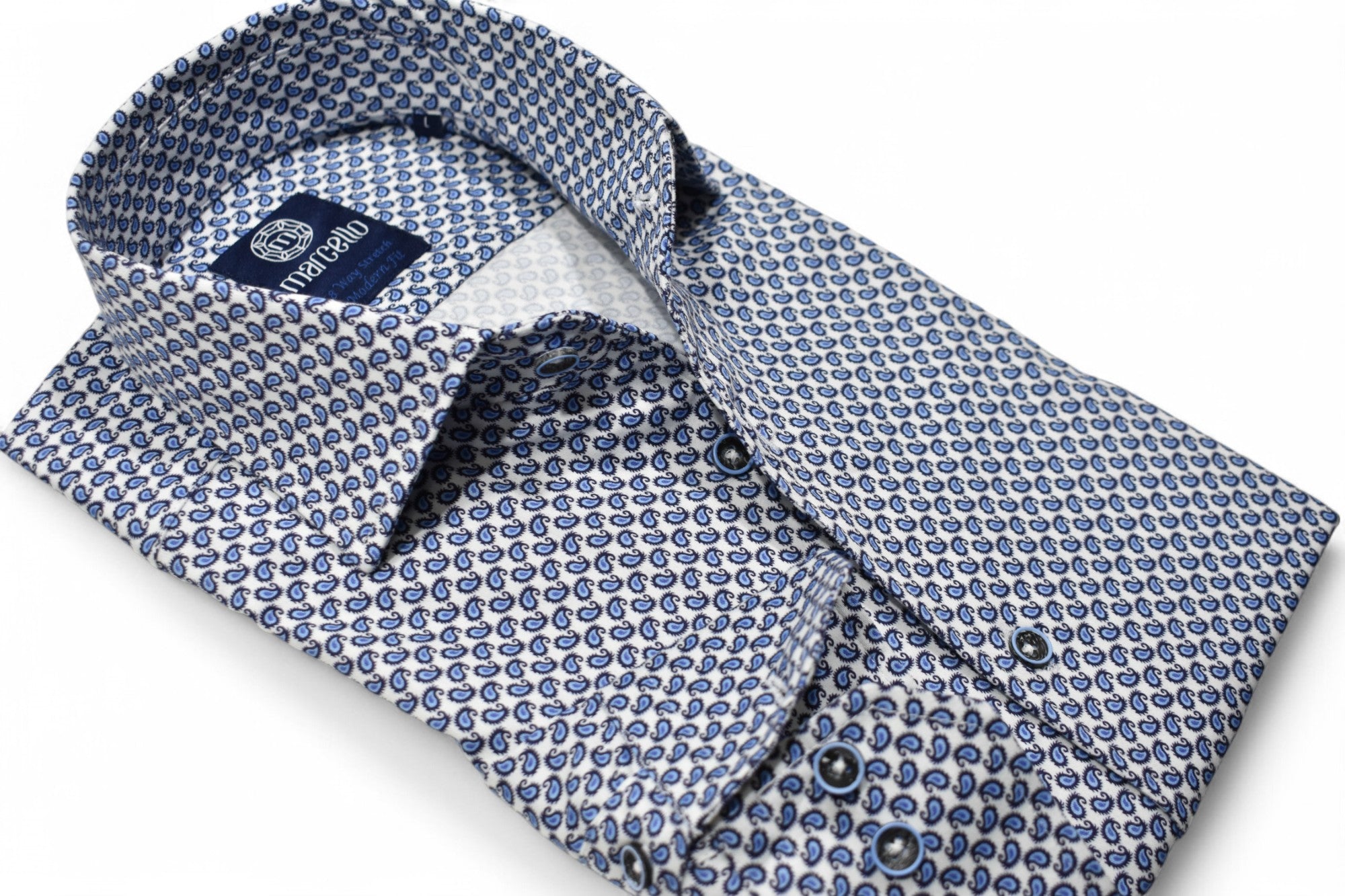 Crisp small paisley in shades of blue on comfortable stretch cotton fabric. Stretch shirt by Marcello.
