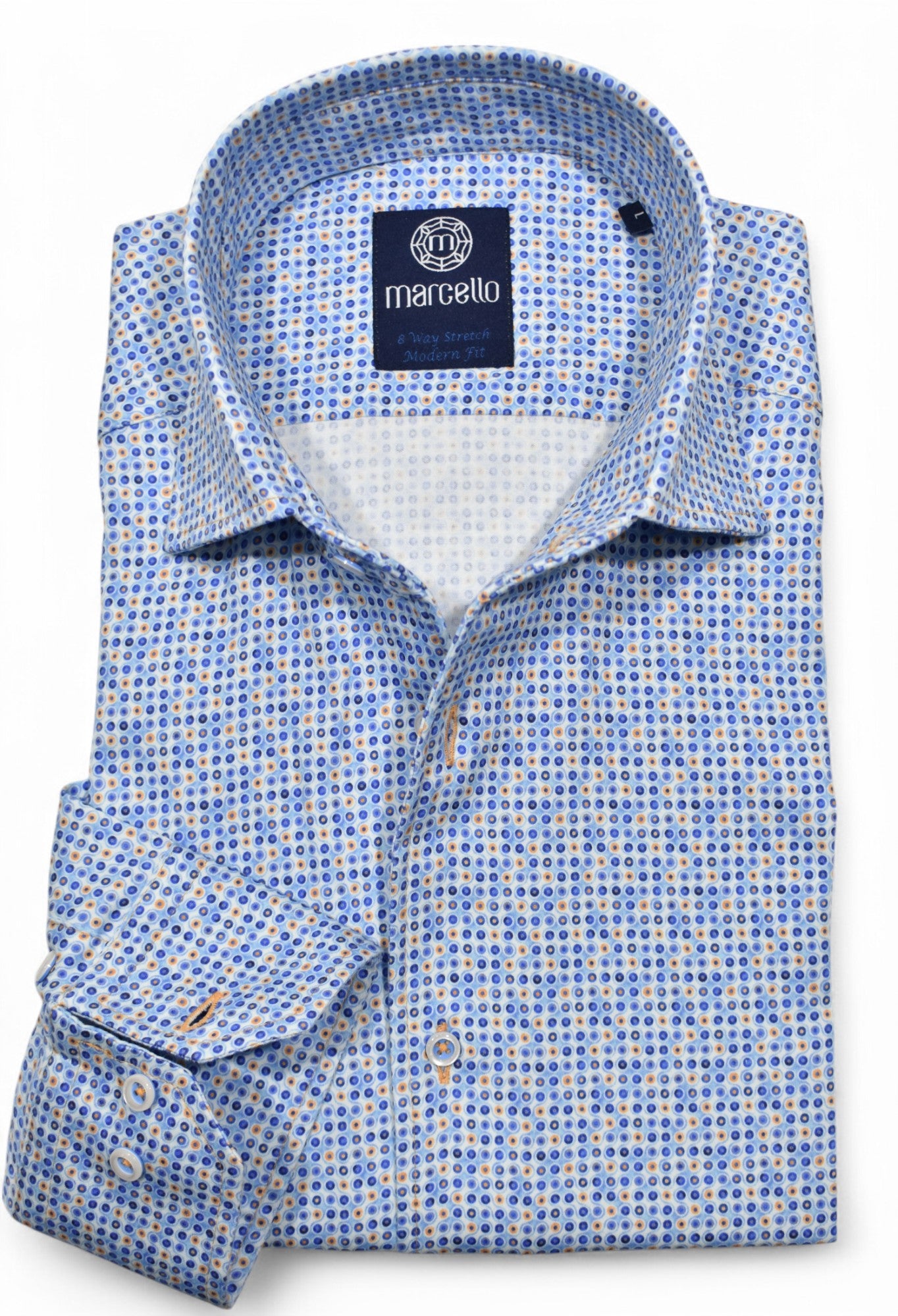 The abstract print of shades of blue with tan accents is soft in nature, yet cool to create a fashion statement. Stretch shirt by Marcello.