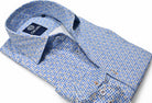 The abstract print of shades of blue with tan accents is soft in nature, yet cool to create a fashion statement. Stretch shirt by Marcello.