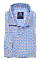 Soft cotton fabric with added stretch characteristics to provide enhanced comfort. The neat plaid pattern with touches of lilac and mango colors on a classic white ground by Marcello.