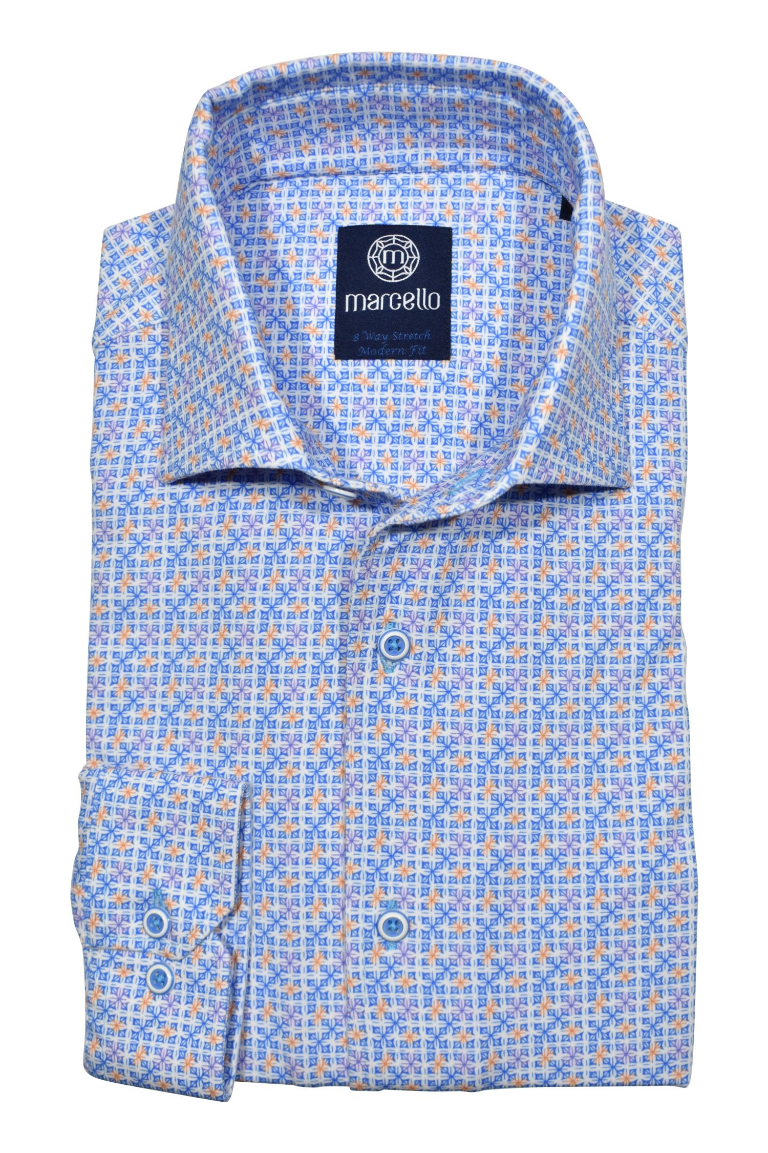 Soft cotton fabric with added stretch characteristics to provide enhanced comfort. The neat plaid pattern with touches of lilac and mango colors on a classic white ground by Marcello.