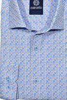 Soft cotton fabric with added stretch characteristics to provide enhanced comfort. The neat plaid pattern with touches of lilac and mango colors on a classic white ground by Marcello.