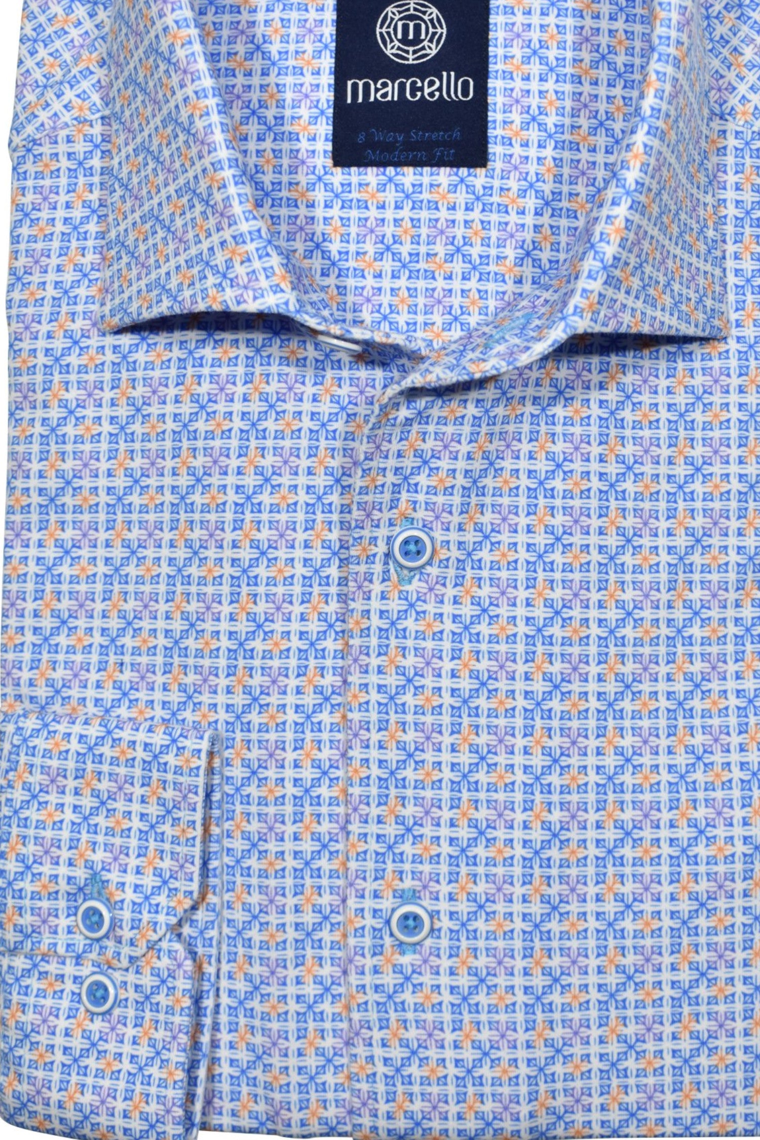 Soft cotton fabric with added stretch characteristics to provide enhanced comfort. The neat plaid pattern with touches of lilac and mango colors on a classic white ground by Marcello.