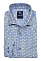 Soft cotton fabric with added stretch characteristics to provide enhanced comfort. The neat navy circle pattern with a touch of gold color by Marcello