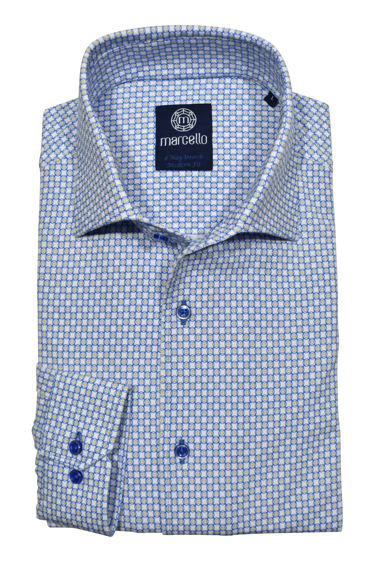 Soft cotton fabric with added stretch characteristics to provide enhanced comfort. The neat navy circle pattern with a touch of gold color by Marcello