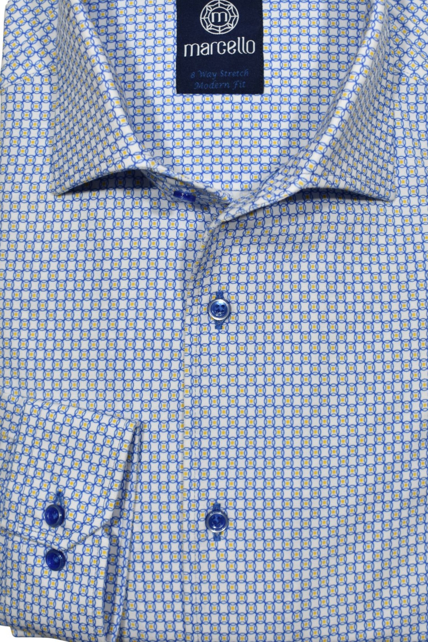 Soft cotton fabric with added stretch characteristics to provide enhanced comfort. The neat navy circle pattern with a touch of gold color by Marcello
