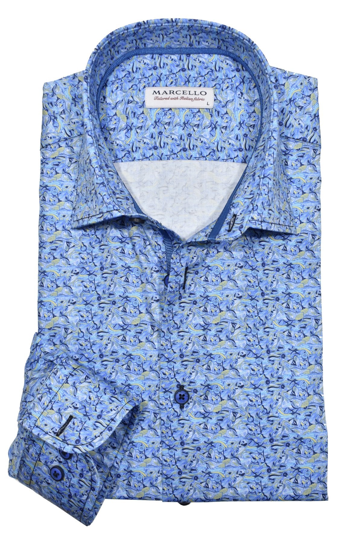 Elevate your casual wardrobe with the Marcello Columbus Ocean Trend sport shirt. Crafted from high-quality cotton, this versatile shirt effortlessly pairs with jeans, pants, or even shorts. The rich blue hues with a touch of yellow add a pop of color to any outfit. Classic yet stylish, it's perfect for any occasion.