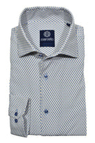 Soft cotton fabric with added stretch characteristics to provide enhanced comfort. The neat navy and blue oval pattern with a touch of gold color  by Marcello.