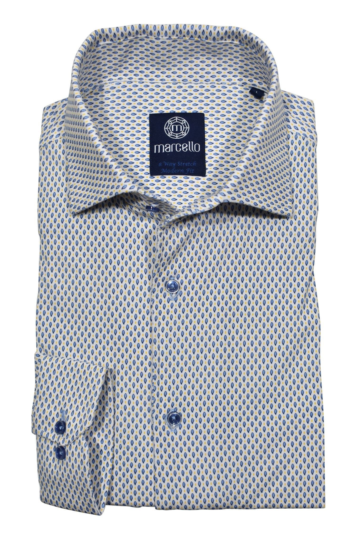 Soft cotton fabric with added stretch characteristics to provide enhanced comfort. The neat navy and blue oval pattern with a touch of gold color  by Marcello.