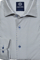 Soft cotton fabric with added stretch characteristics to provide enhanced comfort. The neat navy and blue oval pattern with a touch of gold color  by Marcello.
