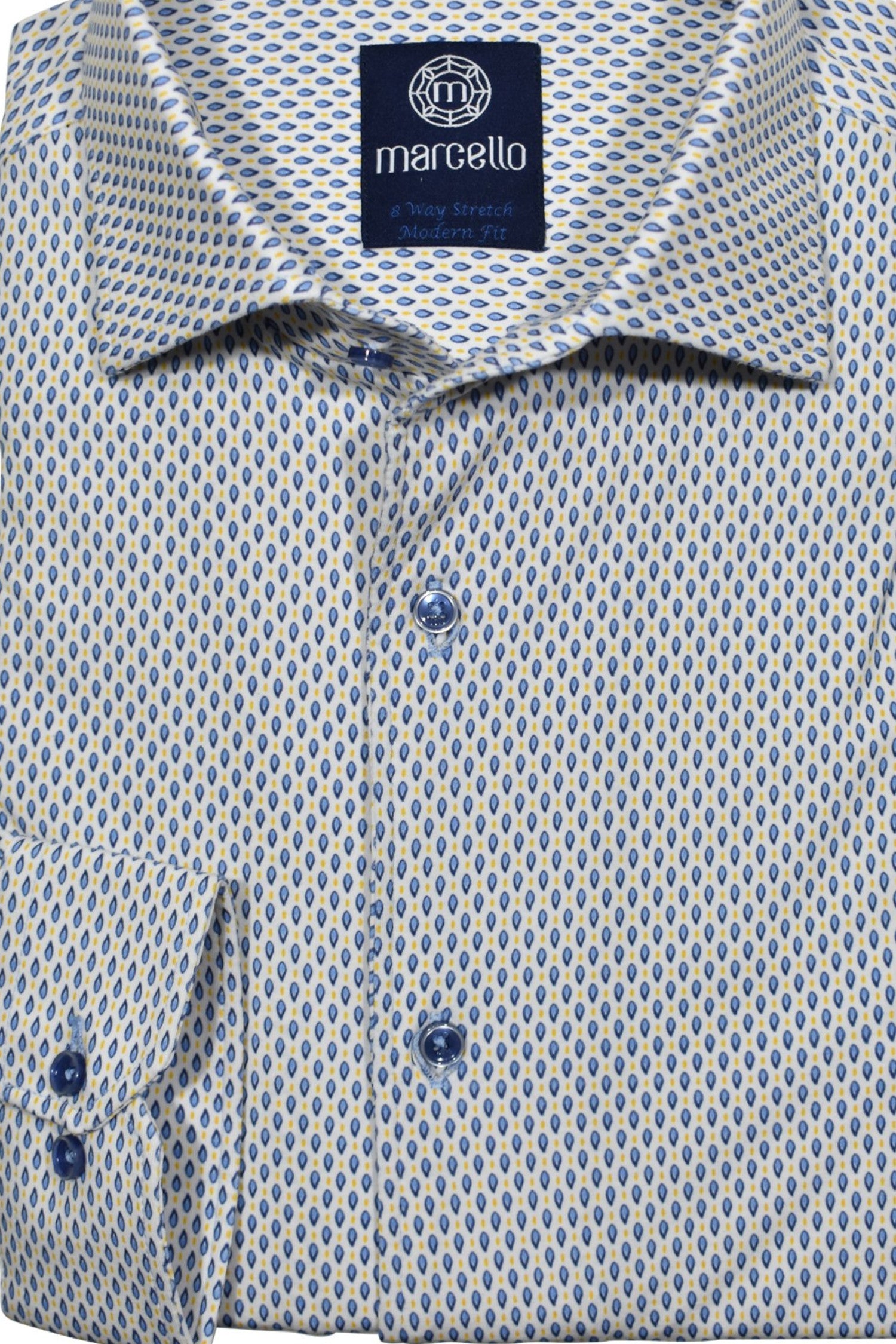 Soft cotton fabric with added stretch characteristics to provide enhanced comfort. The neat navy and blue oval pattern with a touch of gold color  by Marcello.