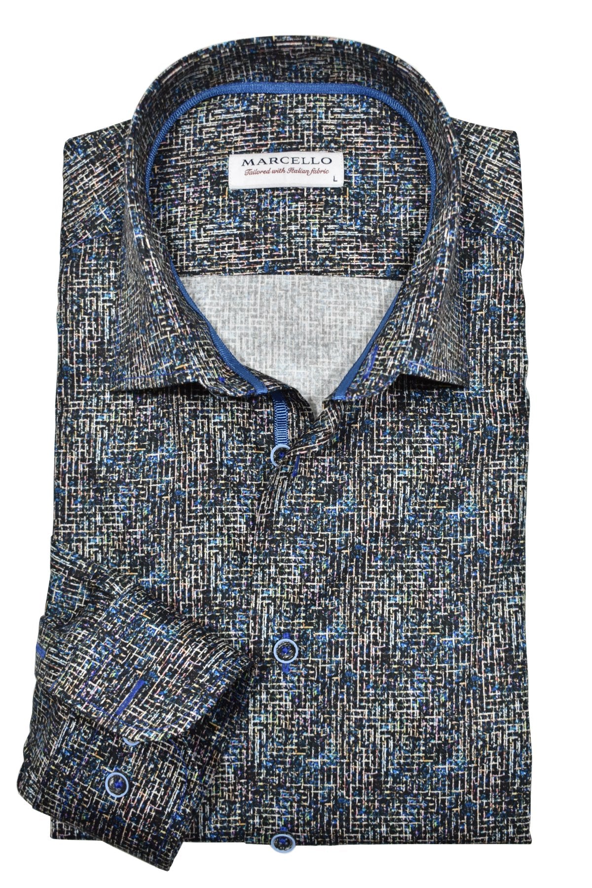 Add a touch of sophistication to your outfit with Marcello's Indigo Black Circuit shirt. The tight circuit pattern in black and white is complemented with royal blue accents, creating a unique abstract design. A sure conversation starter, this shirt is perfect for any occasion.
