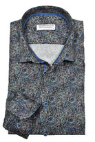 Add a touch of sophistication to your outfit with Marcello's Indigo Black Circuit shirt. The tight circuit pattern in black and white is complemented with royal blue accents, creating a unique abstract design. A sure conversation starter, this shirt is perfect for any occasion.