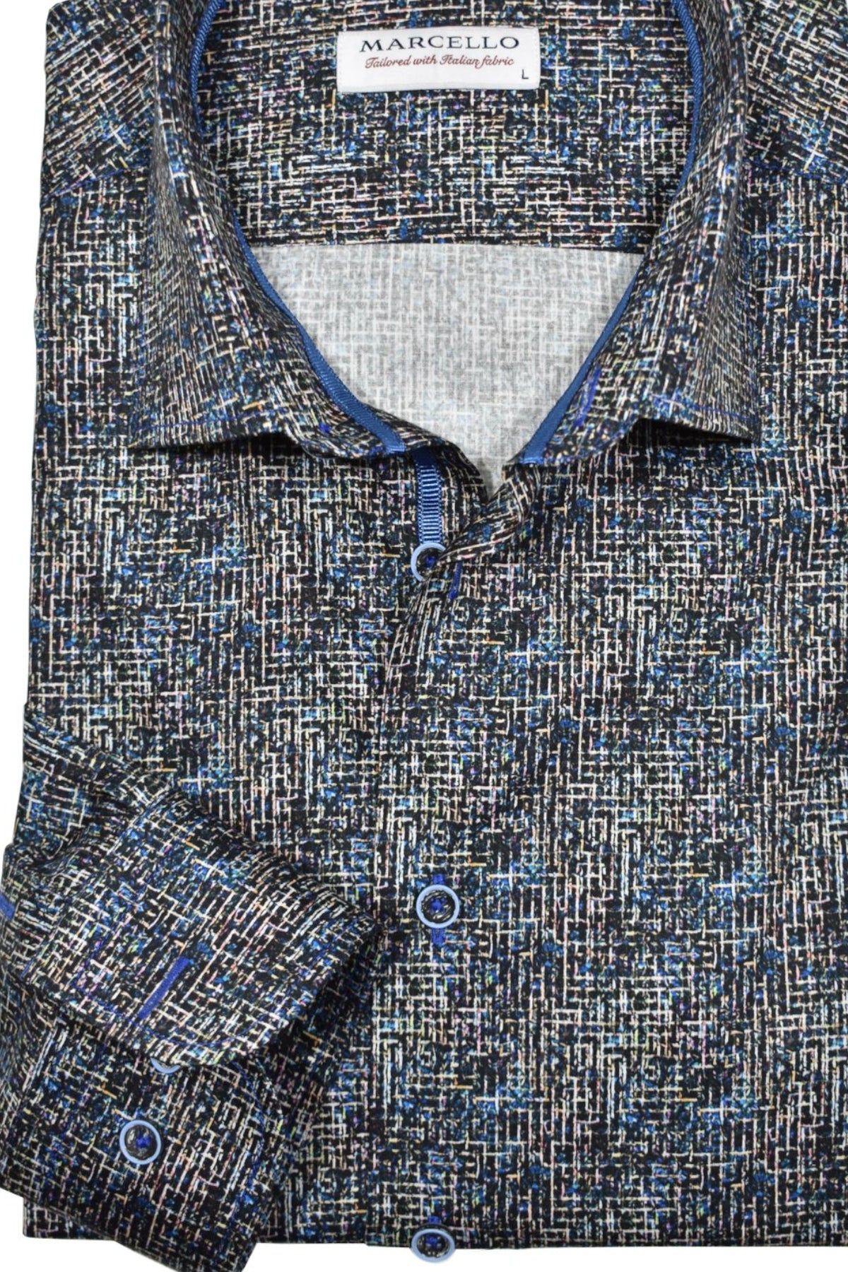 Add a touch of sophistication to your outfit with Marcello's Indigo Black Circuit shirt. The tight circuit pattern in black and white is complemented with royal blue accents, creating a unique abstract design. A sure conversation starter, this shirt is perfect for any occasion.