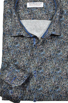 Add a touch of sophistication to your outfit with Marcello's Indigo Black Circuit shirt. The tight circuit pattern in black and white is complemented with royal blue accents, creating a unique abstract design. A sure conversation starter, this shirt is perfect for any occasion.
