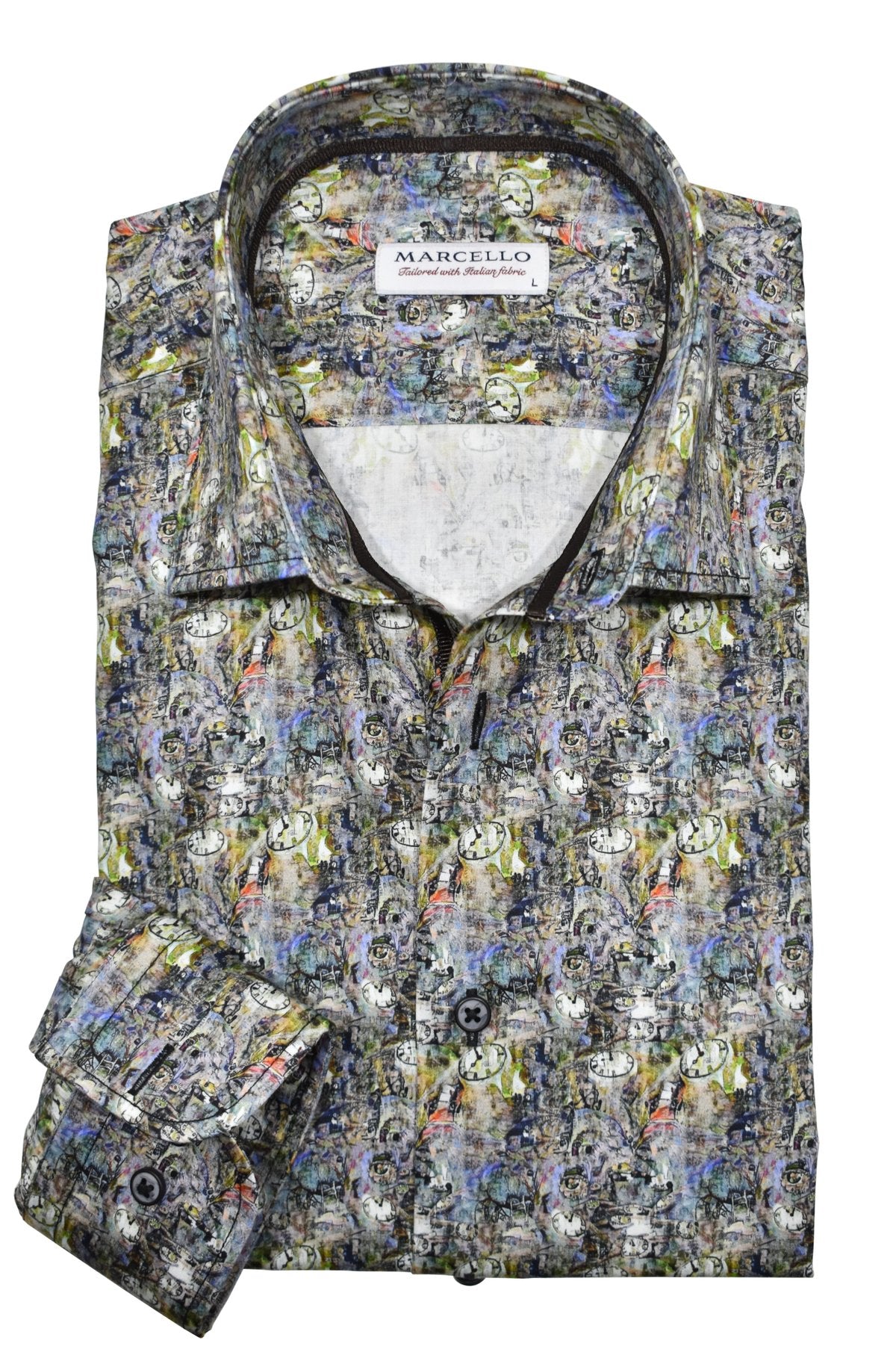 Stay comfortable and stylish in the Marcello Dali Clock Sport Shirt. Its cool abstract pattern, resembling a watercolor mix, adds a unique touch to your fall wardrobe. With just the right amount of colors, you'll stand out without looking too dark. Perfect for any casual or unique occasion.