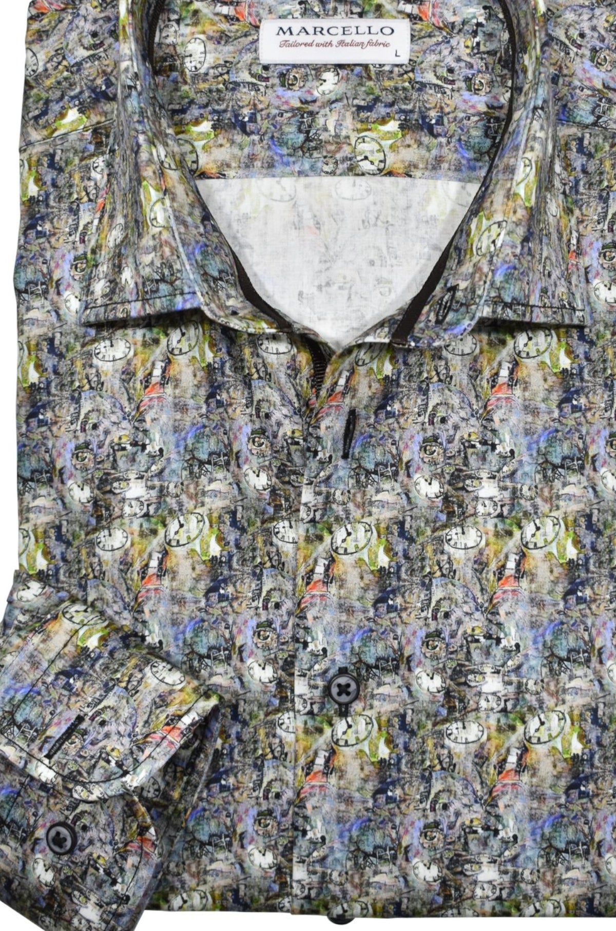 Stay comfortable and stylish in the Marcello Dali Clock Sport Shirt. Its cool abstract pattern, resembling a watercolor mix, adds a unique touch to your fall wardrobe. With just the right amount of colors, you'll stand out without looking too dark. Perfect for any casual or unique occasion.