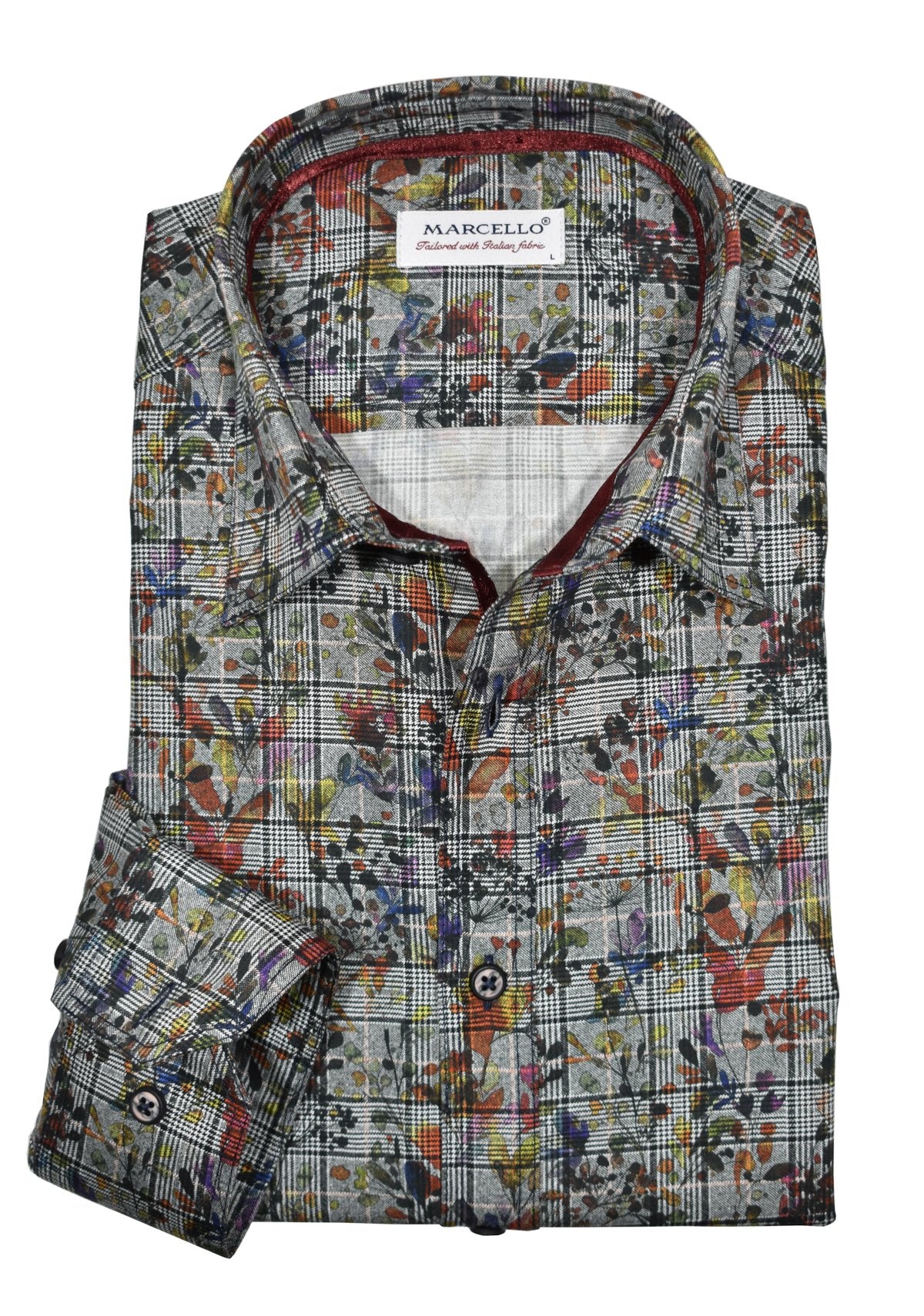 Upgrade your fall wardrobe with the Marcello Autumn Plaid shirt. Its soft gray ground and charcoal-black plaid pattern add a touch of sophistication, while the Autumn leaves overprint adds a pop of color. Perfect for pairing with charcoal or black pants or jeans, this shirt is a versatile and stylish choice for the season.