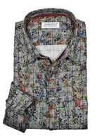 Upgrade your fall wardrobe with the Marcello Autumn Plaid shirt. Its soft gray ground and charcoal-black plaid pattern add a touch of sophistication, while the Autumn leaves overprint adds a pop of color. Perfect for pairing with charcoal or black pants or jeans, this shirt is a versatile and stylish choice for the season.