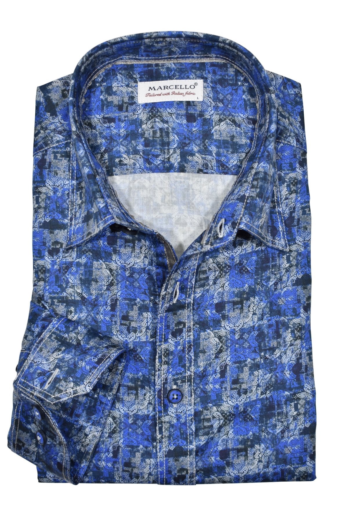 Elevate your casual wardrobe with the Marcello Royal Madras Sport Shirt. The cool shades of royal blue, navy, and gray blend together in a unique madras pattern, perfect for those who love blue. Plus, the contrast double track stitching adds a touch of modern style. Pair with jeans for a casual yet stylish look.