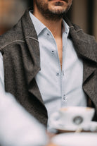 Rich. Elegant. A Must Have. Featuring a Marcello exclusive one piece roll collar, this medium blue and navy neat patterned shirt is classic in nature, but exudes a fashion sense. Fantastic worn alone with pant or jeans or excellent under a sport coat.