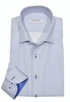 Rich. Elegant. A Must Have. Featuring a Marcello exclusive one piece roll collar, this medium blue and navy neat patterned shirt is classic in nature, but exudes a fashion sense. Fantastic worn alone with pant or jeans or excellent under a sport coat. By Marcello
