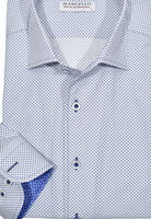 Rich. Elegant. A Must Have. Featuring a Marcello exclusive one piece roll collar, this medium blue and navy neat patterned shirt is classic in nature, but exudes a fashion sense. Fantastic worn alone with pant or jeans or excellent under a sport coat. By Marcello