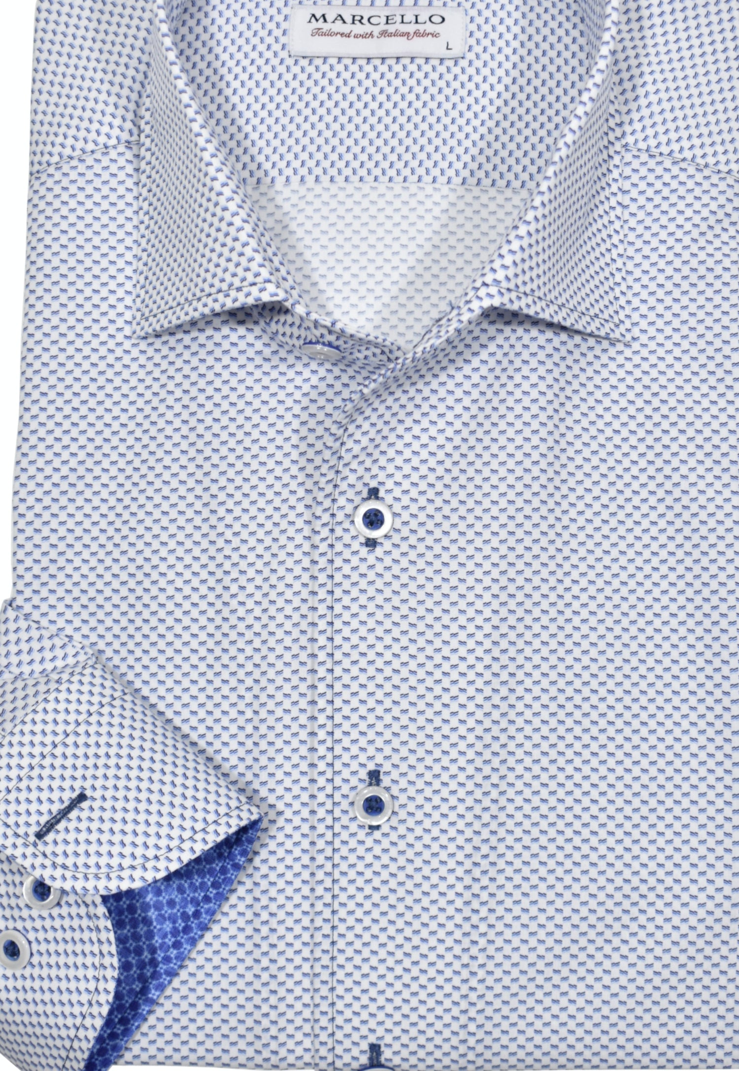 Rich. Elegant. A Must Have. Featuring a Marcello exclusive one piece roll collar, this medium blue and navy neat patterned shirt is classic in nature, but exudes a fashion sense. Fantastic worn alone with pant or jeans or excellent under a sport coat. By Marcello