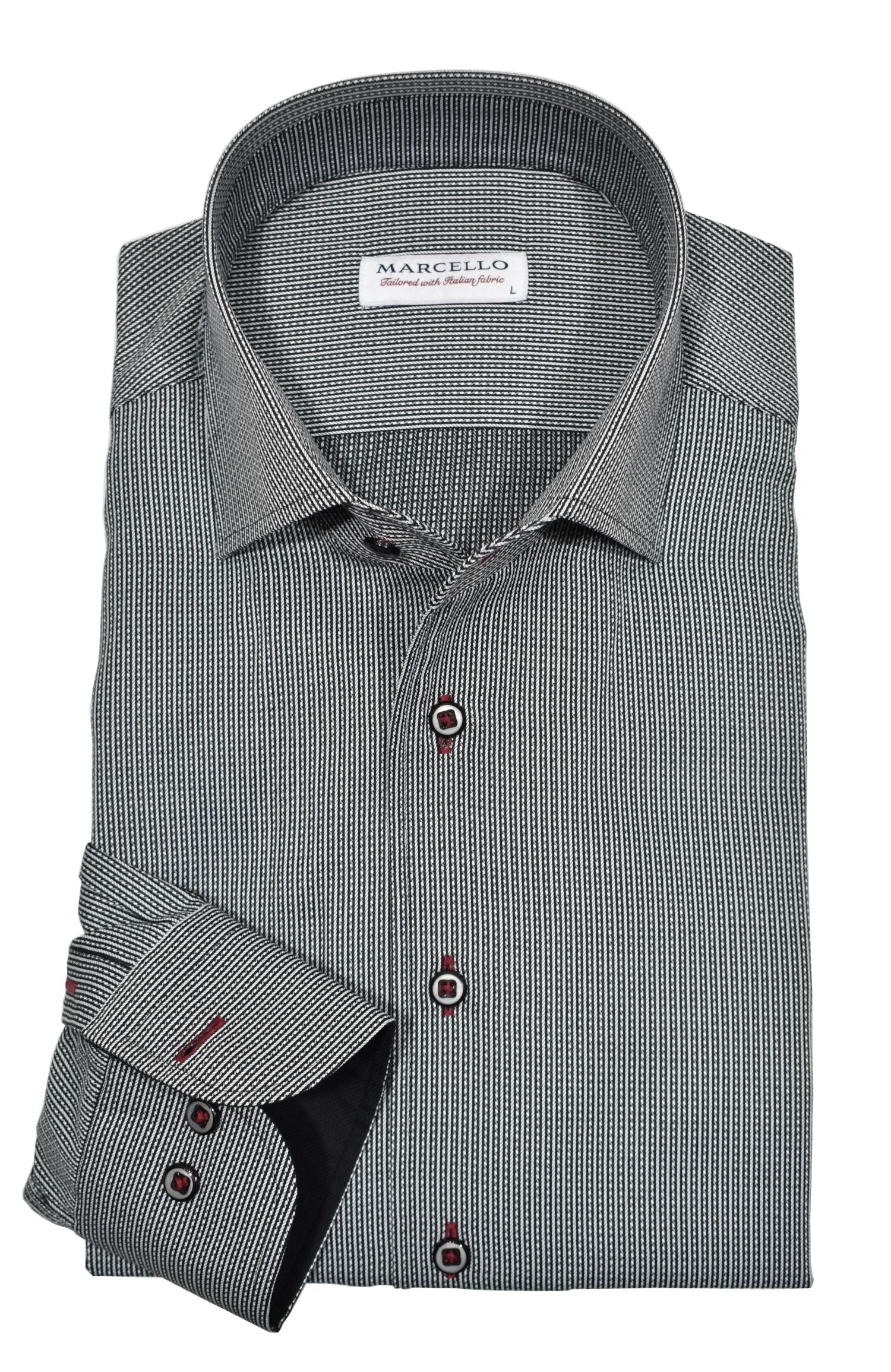 Elevate your style with the Marcello W939R Black Stripe Roll Collar. Featuring a Marcello exclusive one piece roll collar, this fine black shirt with a solid and dashed stripe is accented with custom details. Exude style and sophistication with this must-have piece.
