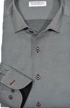 Elevate your style with the Marcello W939R Black Stripe Roll Collar. Featuring a Marcello exclusive one piece roll collar, this fine black shirt with a solid and dashed stripe is accented with custom details. Exude style and sophistication with this must-have piece.