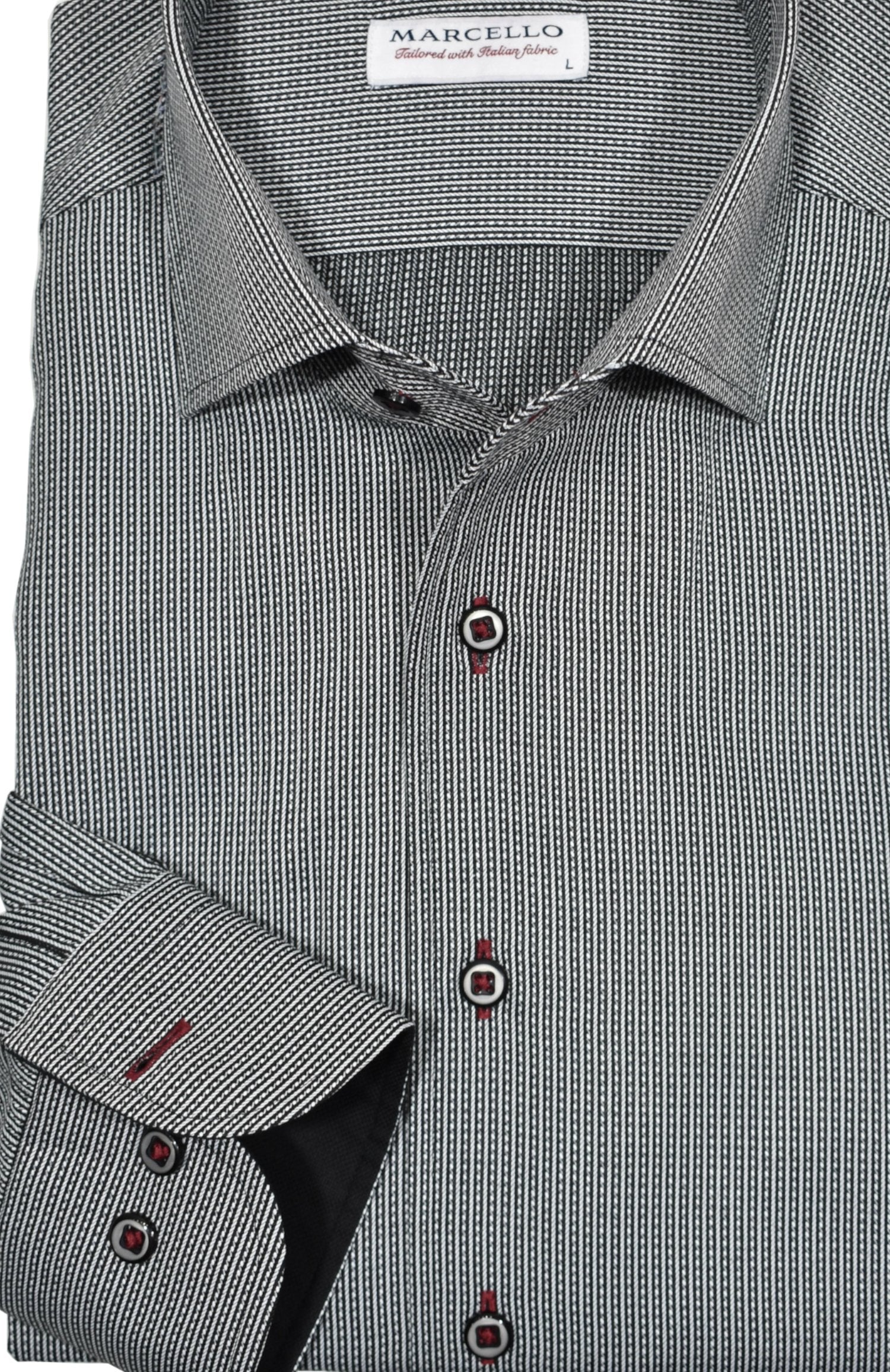 Elevate your style with the Marcello W939R Black Stripe Roll Collar. Featuring a Marcello exclusive one piece roll collar, this fine black shirt with a solid and dashed stripe is accented with custom details. Exude style and sophistication with this must-have piece.