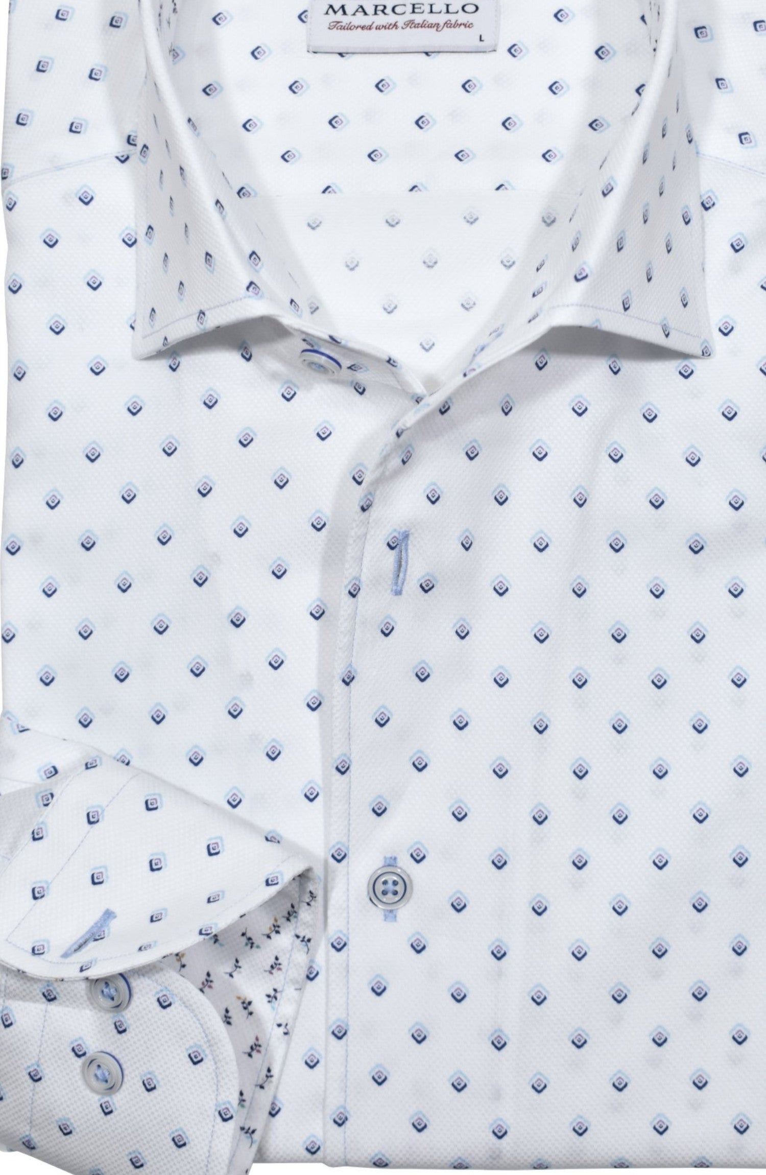 Upgrade your wardrobe with our Marcello Floating Diamond Roll Collar cotton shirt.