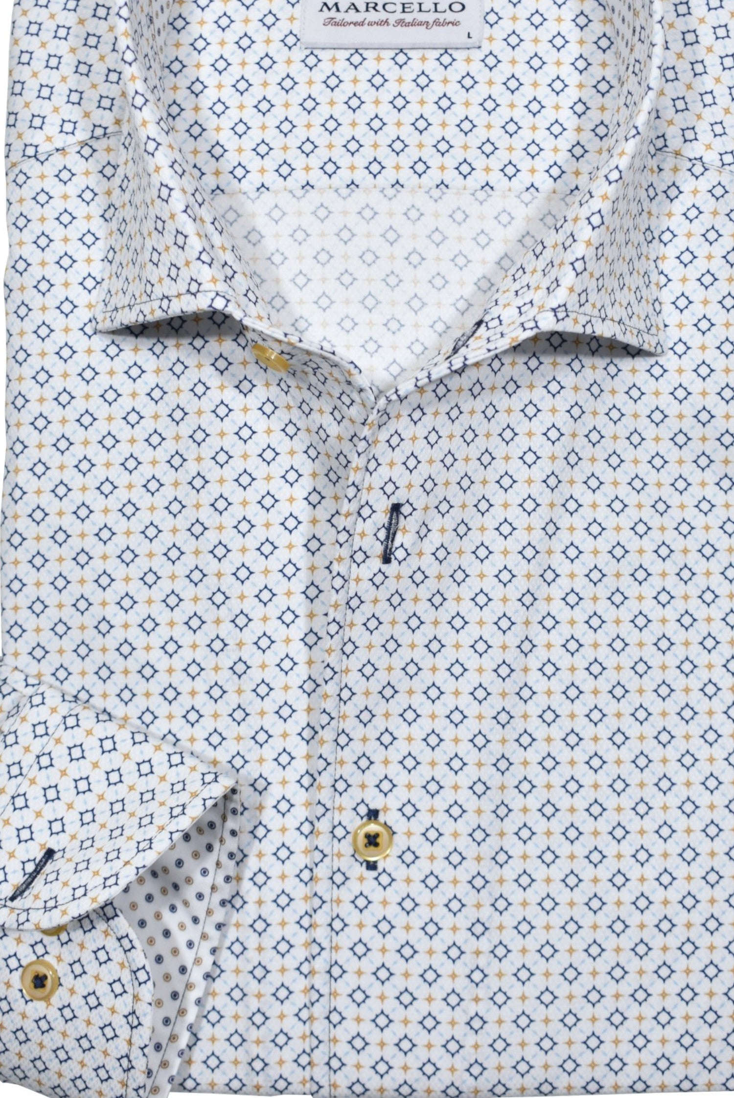 Wrap yourself in luxury with our Marcello Navy Sun Medallion Roll Collar shirt.