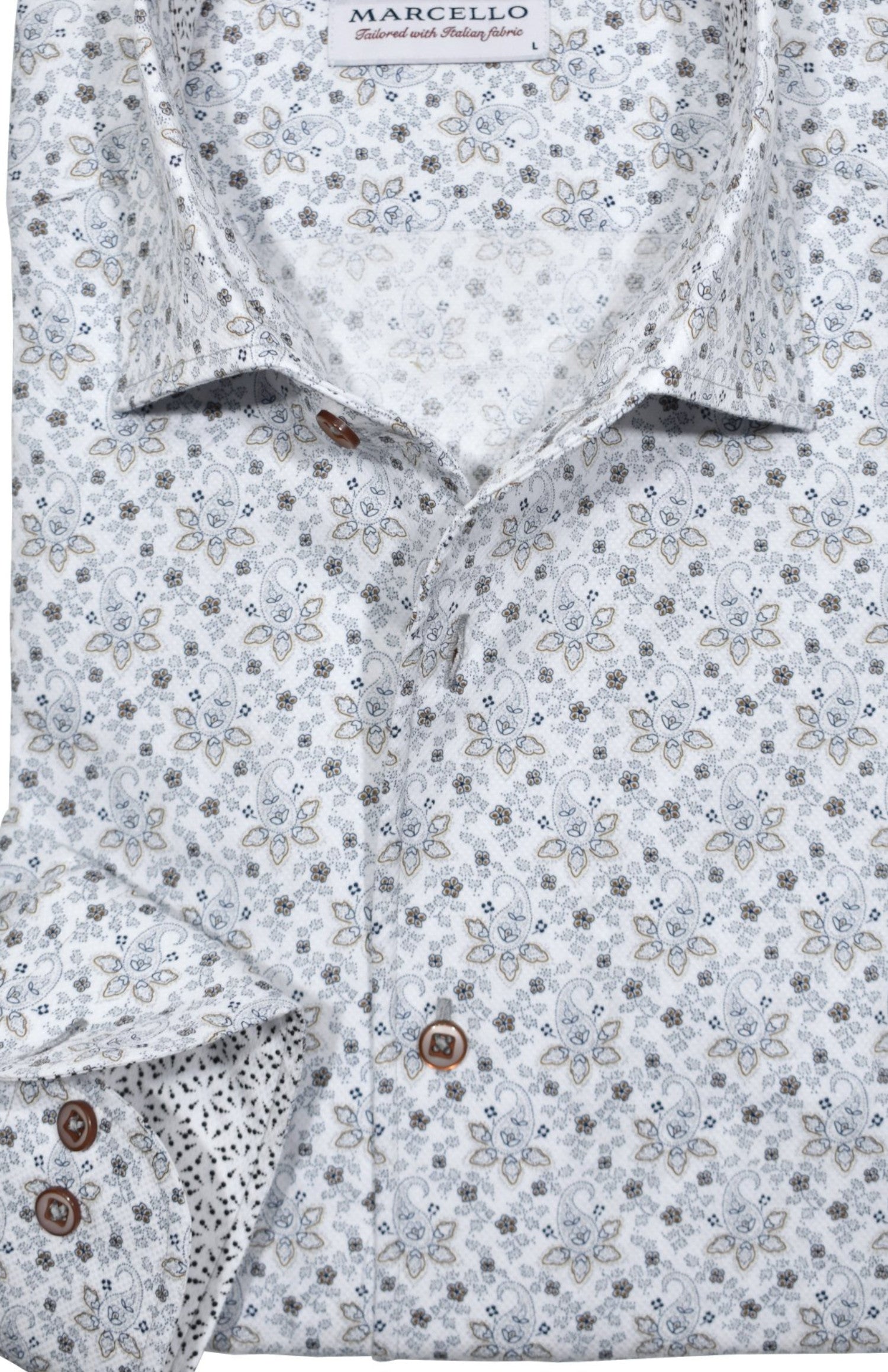 The Marcello Slate Paisley Roll Collar is contemporary and cool with its open paisley pattern in soft slate and mocha accent colors.