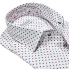 Experience the luxurious feel of crisp white cotton sateen with a stunning abstract red emblem pattern. Shirt by Marcello