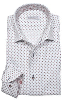 Experience the luxurious feel of crisp white cotton sateen with a stunning abstract red emblem pattern. Shirt by Marcello