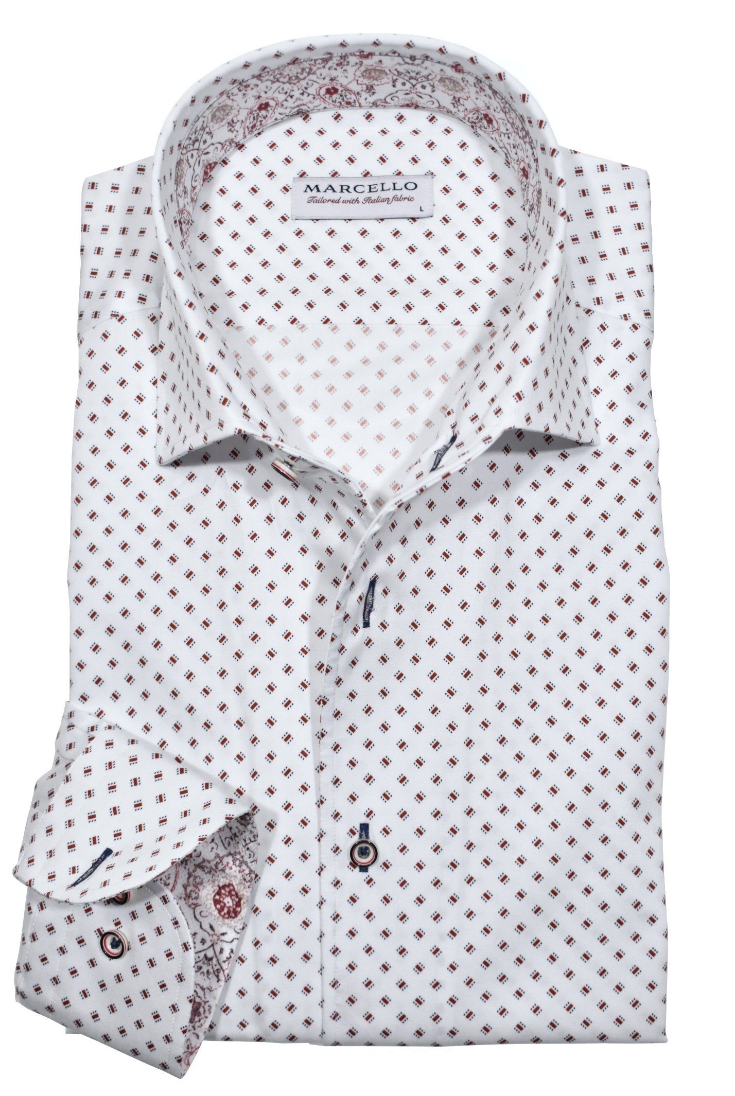 Experience the luxurious feel of crisp white cotton sateen with a stunning abstract red emblem pattern. Shirt by Marcello